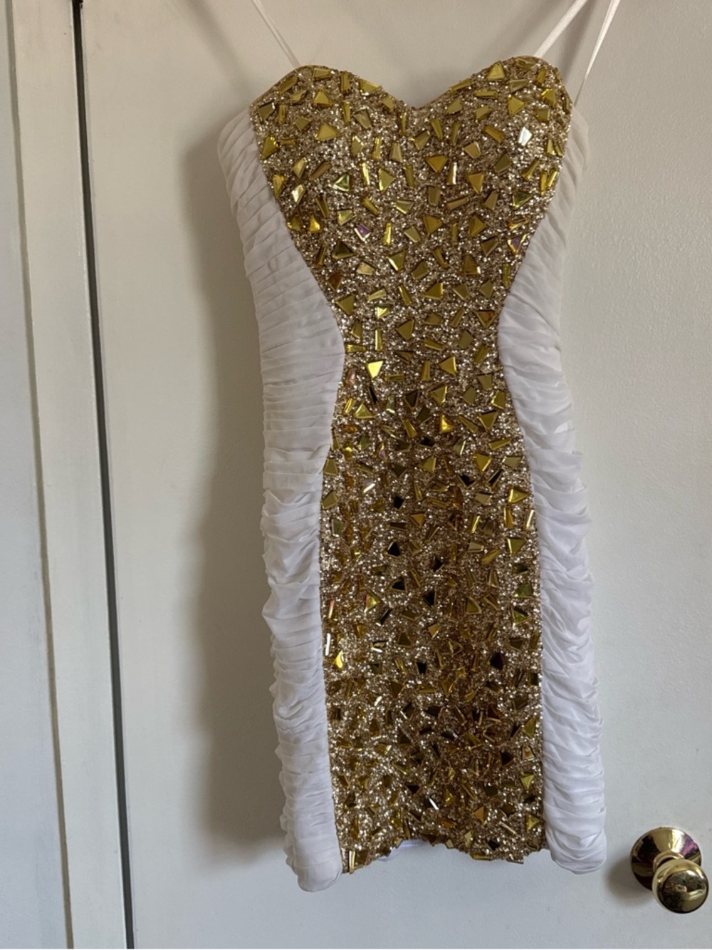 La FrmStrapless White and Gold Embellished Party Dress